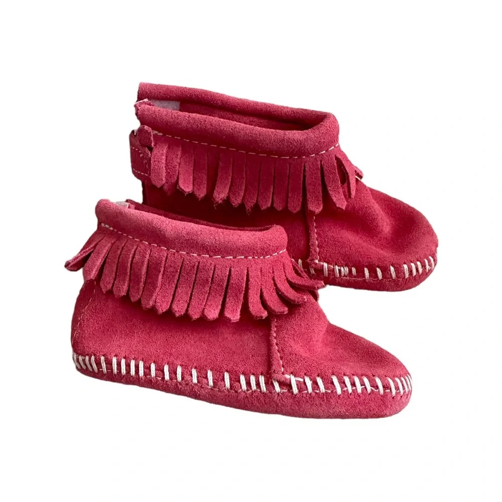 Minnetonka Pink Fringe Back Flap Booties